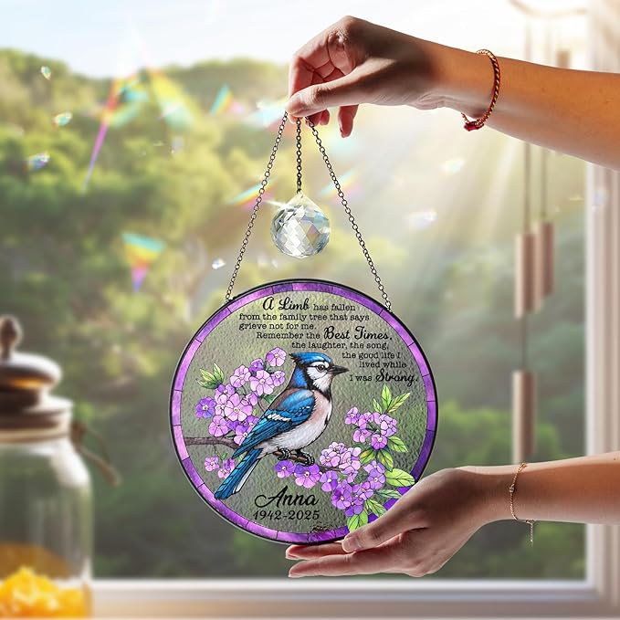 Personalized Bird Memorial Stained Glass Suncatcher, Sympathy Gift for Loss of Loved One, in Loving Memory Crystal Window Suncatcher, Remembrance Gift for Mom, Dad, Family, Memorial Keepsake Decor