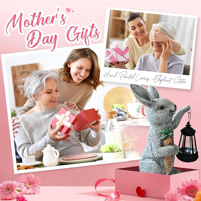 Garden Statues Rabbit Solar Lantern Outdoor Handmade Resin Statue Bunny with Cute Carrot for Patio, Yard, Mother's Day Gift Ideas