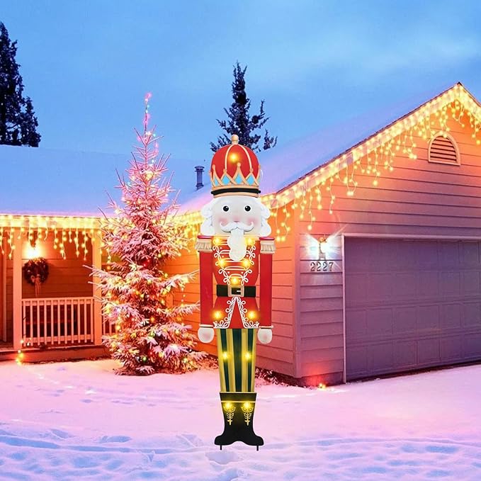WONDER GARDEN Christmas Metal Yard Stakes, Lighted Nutcracker Soldier Garden Stake Yard Signs, Outdoor Christmas Decorations for Lawn Party Outside Decor