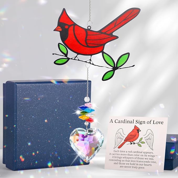 Red Cardinal Bird Window Sun Catcher – Handmade Bird Lover Window Hanging Décor with Suction Cups for Home & Garden - Memorial Cardinal Gifts for Women, Mom,Grandma (B)
