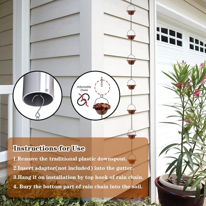 10FT Rain Chain, Lotus Rain Chains for Gutters with 12 Cups, Adjustable Rain Catcher Chain for Outside, Replacement Downspout for Gutters, Eaves, Drainage