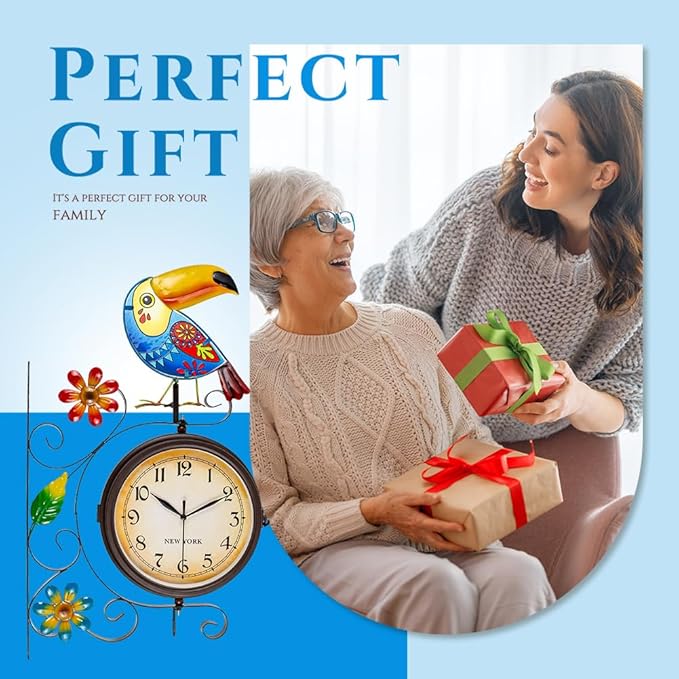 Vintage Indoor Outdoor Clock - Silent Non-Ticking, Double Sided Wall Clock with Toucan Decor Waterproof for Garden, Patio, Yard, Farmhouse, Home Décor (Blue)