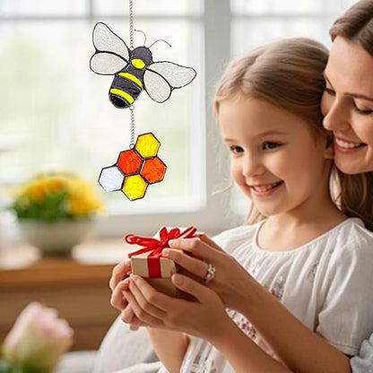 Handmade Honeybee Honeycomb Suncatcher Stained Glass Window Hangings Ornament Real Sun Catchers Indoor Window Garden Kitchen Decor Bee Gifts for Women Beekeeper Teacher