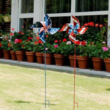 Linfevisi Metal Patriotic Pinwheels for Independence Day American Flag Metal Pinwheel Garden Stake Wind Spinners Red White and Blue 4th of July Decorations Memorial Day Lawn Ornaments Yard Art 36" H