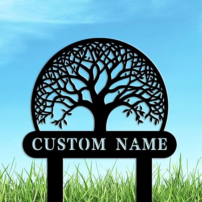 Custom Family Name Metal Garden Plaque,Personalized Tree Pattern Yard Marker,Weatherproof Outdoor Lawn Sign with Custom Name,Housewarming Garden Gift