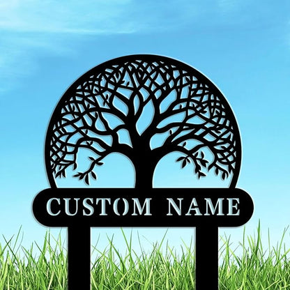 Custom Family Name Metal Garden Plaque,Personalized Tree Pattern Yard Marker,Weatherproof Outdoor Lawn Sign with Custom Name,Housewarming Garden Gift