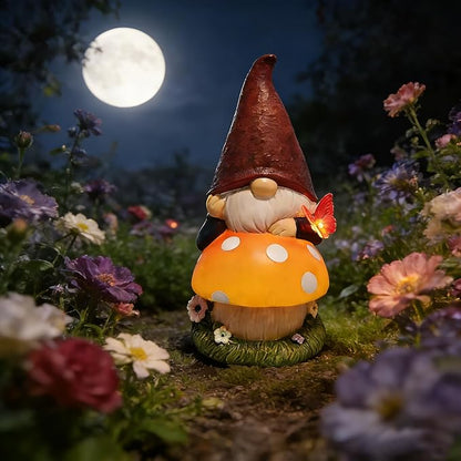 Solar Garden Gnome with mushroom for Garden Decor: IP44 Weatherproof Resin with Automatic Lighting - No Installation- Outdoor Yard Patio Balcony Art - Birthday Gifts for Bird Lovers Mom Grandma Women