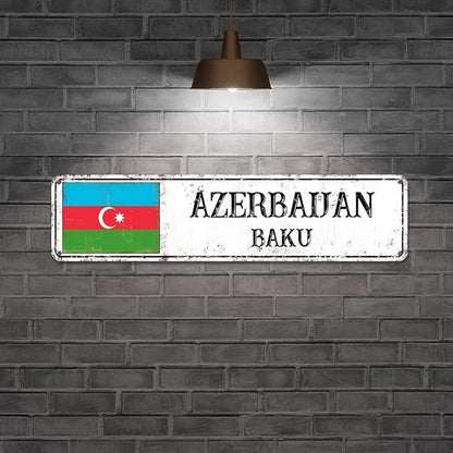Azerbaijan Street Signs Azerbaijan Flag Metal Sign Capital City of Azerbaijan Metal Sign Road Rustic Wall Art Farmhouse Decorative Sign Home Decoration Gift for Foreign Friend, Neighbor 24x6inch