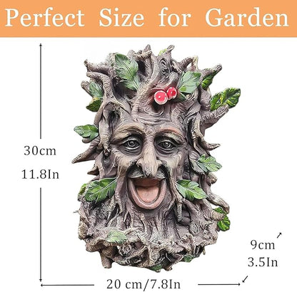 12" Real Tree Face Hugger Statue, Outdoor Garden Resin Bird Feeder Sculpture with Foliage Features, Fairy Elve Accent Yard Art, Halloween Trees Decorations Outdoor Wall Mounted Statue