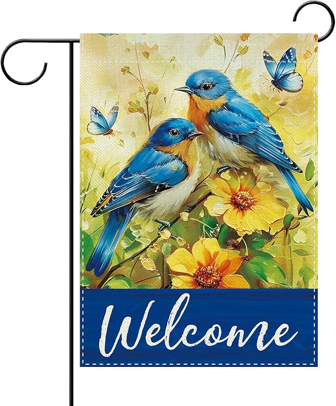 Welcome Spring Summer Bluebirds Decorative Garden Flag, Yellow Flower Butterfly Small Yard Outside Decorations, Farmhouse Floral Burlap Outdoor Home Decor Double Sided 12 x 18