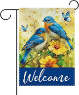 Welcome Spring Summer Bluebirds Decorative Garden Flag, Yellow Flower Butterfly Small Yard Outside Decorations, Farmhouse Floral Burlap Outdoor Home Decor Double Sided 12 x 18