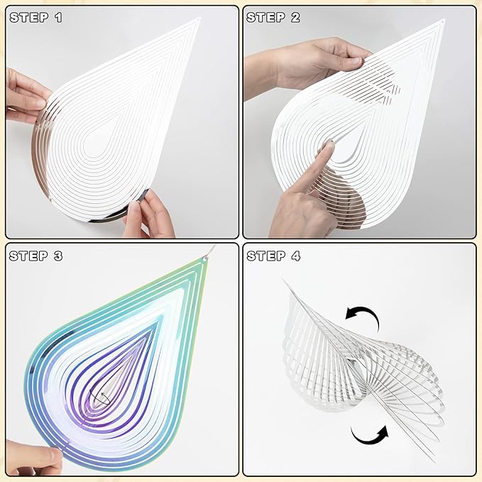Wind Spinners, 2× 3D Stainless Steel Outdoor Hanging Wind Spinner, 2× Metal Pendants and 3× 360° Rotating Hooks with Wirerope, Reflective Decor for Outside Yard and Garden (Shape No.1)