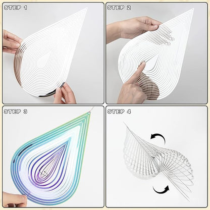 Wind Spinners, 2× 3D Stainless Steel Outdoor Hanging Wind Spinner, 2× Metal Pendants and 3× 360° Rotating Hooks with Wirerope, Reflective Decor for Outside Yard and Garden (Shape No.1)