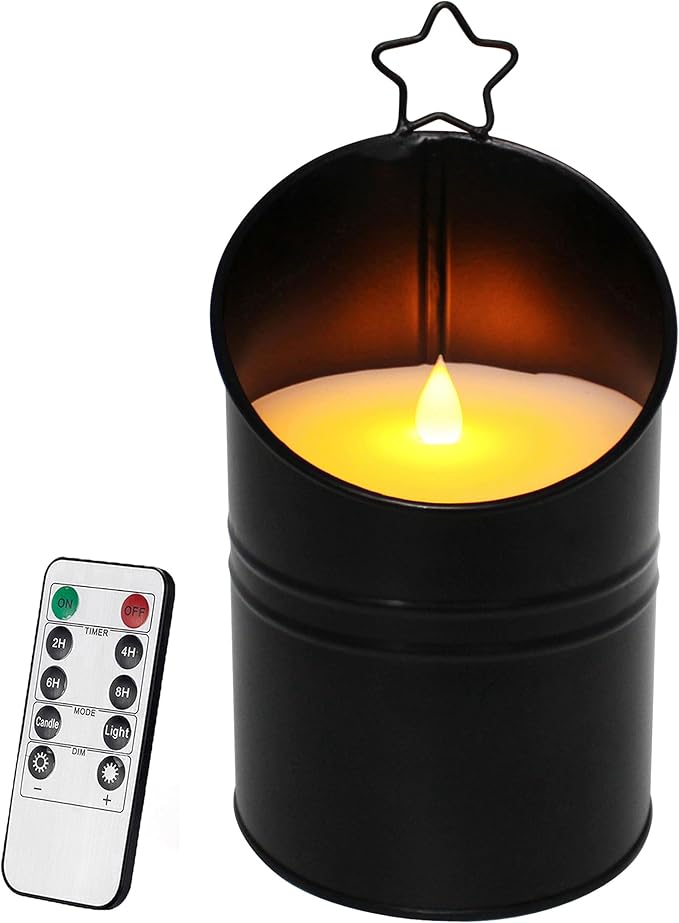 CVHOMEDECO. Vintage Galvanized Can Flameless LED Candle, Real Wax in Antique Galvanized Jar Flickering Candle with Remote Control for Tabletop Wall Decor. H 8 Inch, Black