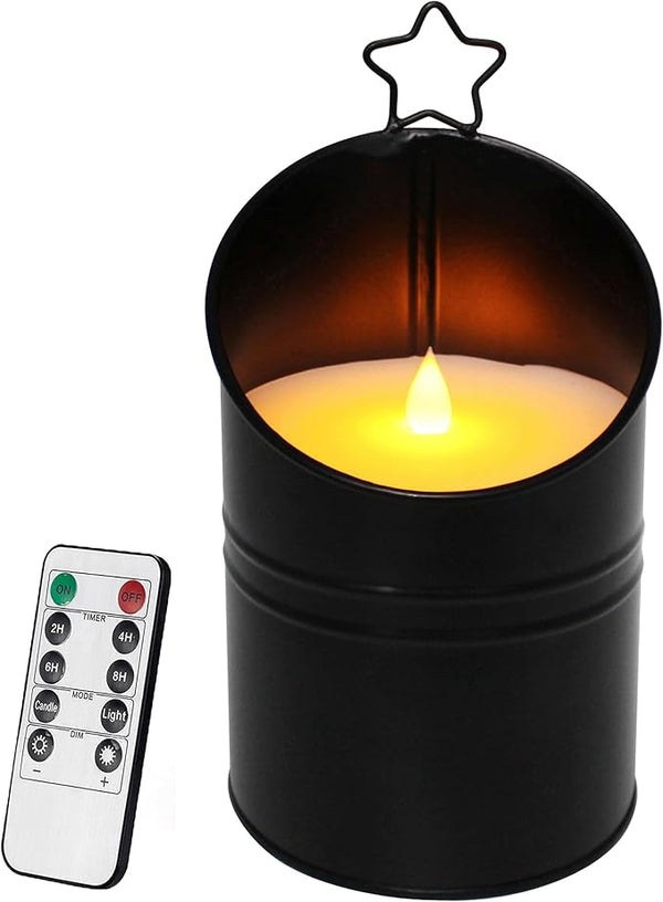 CVHOMEDECO. Vintage Galvanized Can Flameless LED Candle, Real Wax in Antique Galvanized Jar Flickering Candle with Remote Control for Tabletop Wall Decor. H 8 Inch, Black