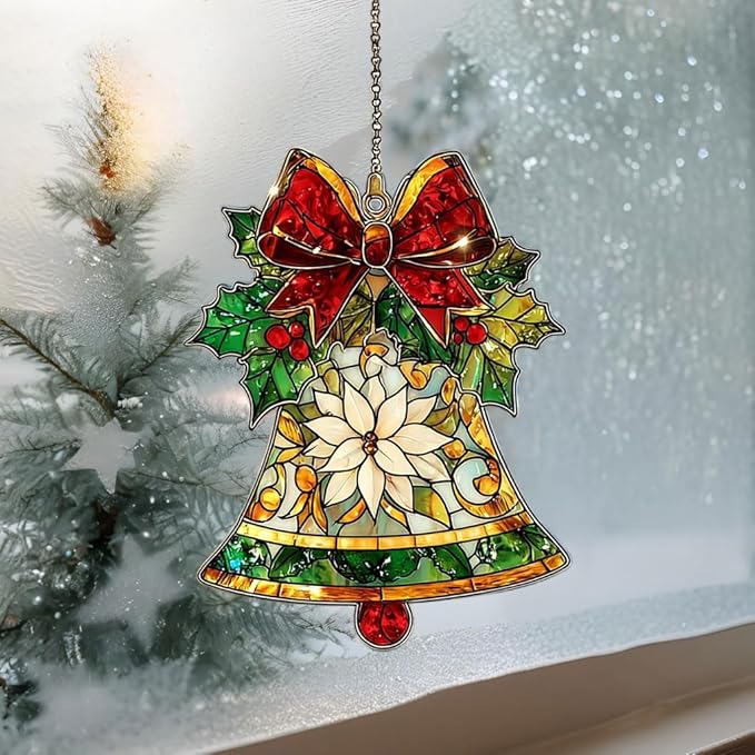 Winter Jingle Bell Scarf Knot Socks Acrylic Suncatcher Stained Glass Effect Window Car Hanging Christmas Ornament Indoor Outdoor Decor Garden Sun Catcher Panel for Women Mom Grandma