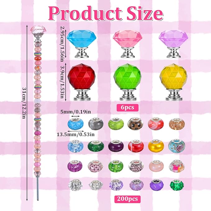 218Pcs Fairy Wands Kit, DIY Fairy Wand Beaded Garden Stake Kit, Garden Stake Decorative Outdoor Beadable Items, with 200 pcs Sparkling Crystal Beads, 6 Crystal Stopper Top, 6 Threaded Rod and Nuts