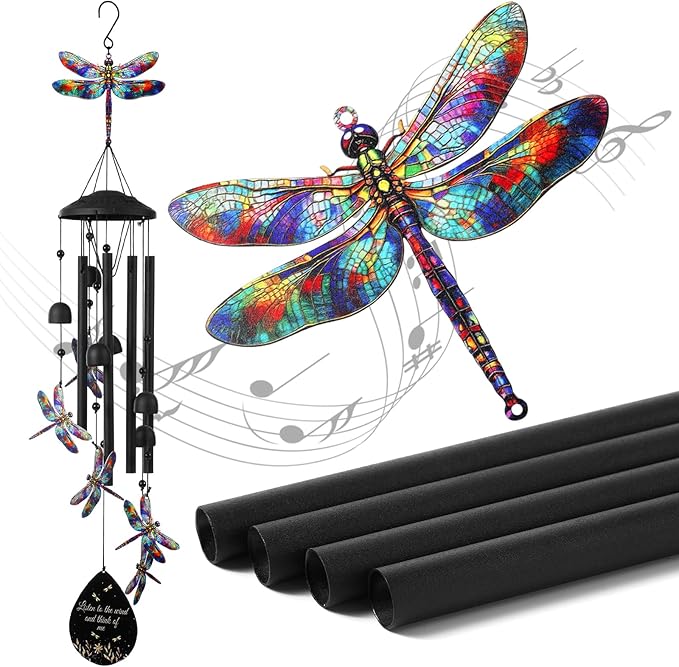 Novabright Dragonfly Wind Chimes for Outside 35" Black Metal Wind Chime Soothing Tones Memorial Windchimes Decor Dragonfly Gifts for Women Men Outdoor Garden Yard Patio Decor Memorial Birthday Gifts