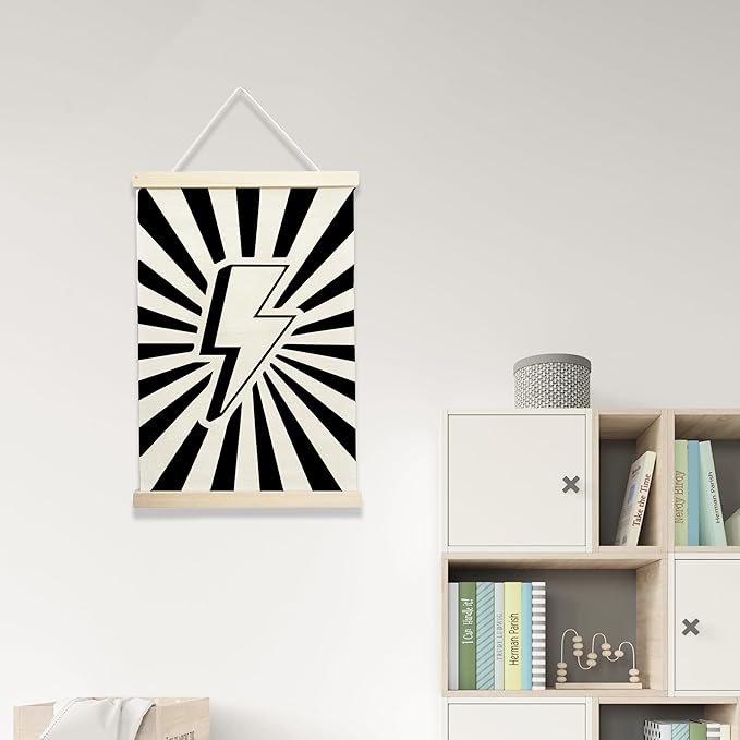 NQDWX Black Lightning Wood Poster Hanger - 12x17 Inch Dark Lightning Bolt Wall Decor, Edgy Teen Boy Room Decor, Punk Rock Music Banner with Rustic Wood Frame. (128)