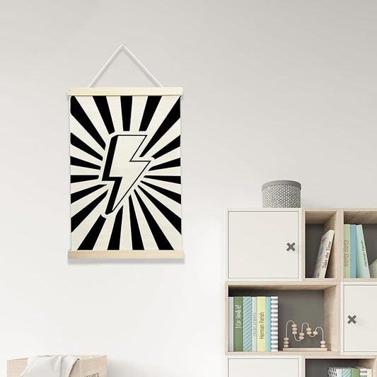 NQDWX Black Lightning Wood Poster Hanger - 12x17 Inch Dark Lightning Bolt Wall Decor, Edgy Teen Boy Room Decor, Punk Rock Music Banner with Rustic Wood Frame. (128)