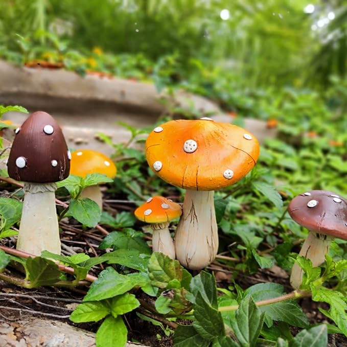 Mushroom Decor - Fairy Garden Accessories Outdoor Spring Patio Decoration 4 PCS Mushroom Statues with Stakes (Orange2+Nutshell2)