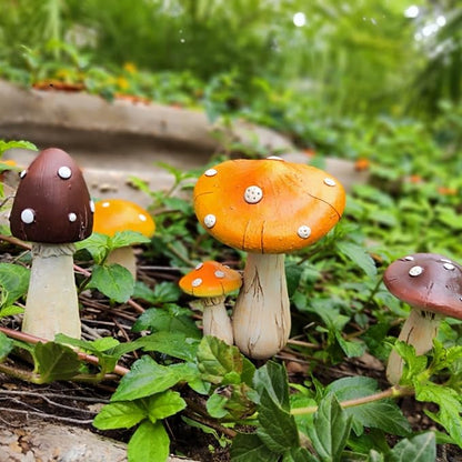 Mushroom Decor - Fairy Garden Accessories Outdoor Spring Patio Decoration 4 PCS Mushroom Statues with Stakes (Orange2+Nutshell2)