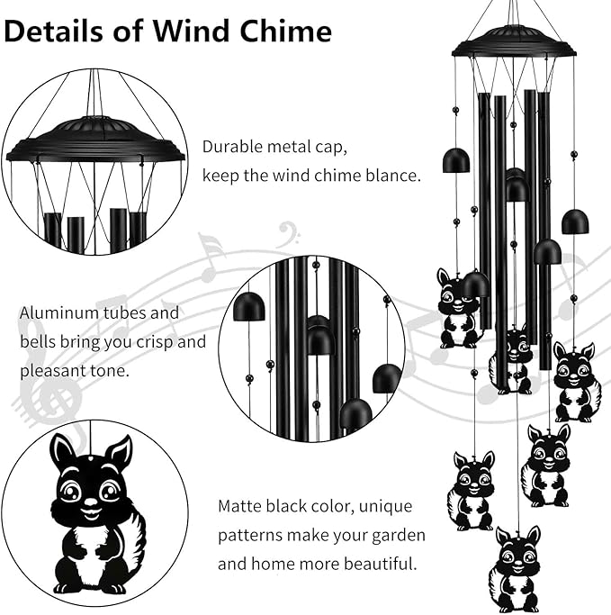 Squirrel Wind Chimes for Outside/Indoors, Squirrel Gifts for Women Mom Grandma, Aluminum Tubes Windchimes S Hook, 37" Wind Chime Hanging Decor for Home Patio Garden Porch Yard (Black-Squirrel)