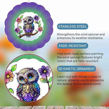 GENANY Owl Hanging Wind Spinners for Women Men, 12 Inch Metal 3D, Stainless Steel Hanging Wind Catchers Sculpture for Outside, Outdoor Spring Decoration, Unique Gift