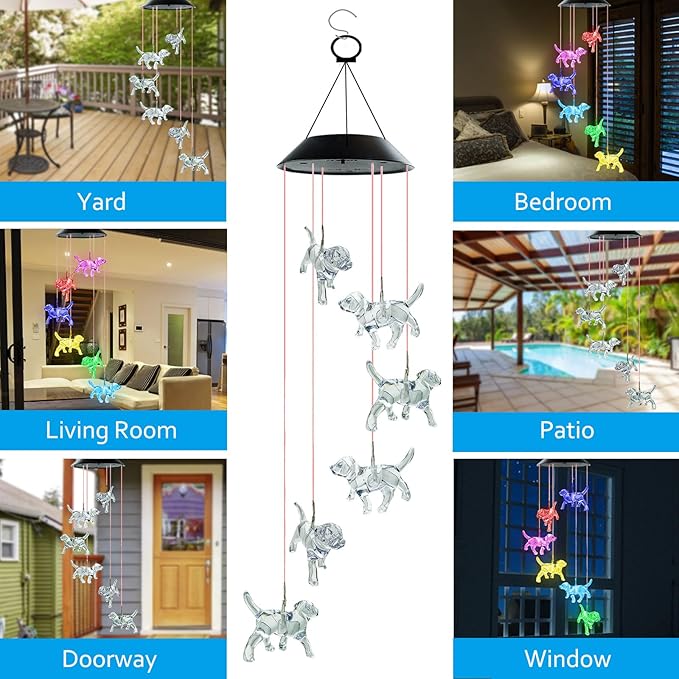 Solar Wind Chimes, Dog Wind Chimes Gifts for Mom Grandma Women Wife Girls, IP65 Waterproof Hanging Memorial Windchimes with 7 Color Changing LED Lights for Outside Garden Yard Decorations