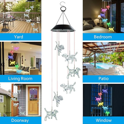 Solar Wind Chimes, Dog Wind Chimes Gifts for Mom Grandma Women Wife Girls, IP65 Waterproof Hanging Memorial Windchimes with 7 Color Changing LED Lights for Outside Garden Yard Decorations