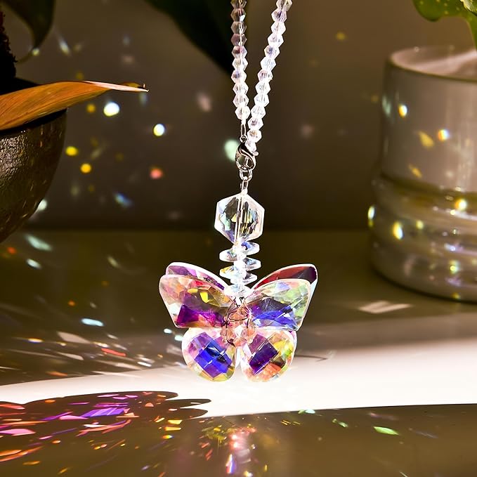 Hanging Crystal Sun Catcher, Hanging Car Decoration, Crystal Ornament for Car, Rainbow Prism, Home Decoration (Butterfly)