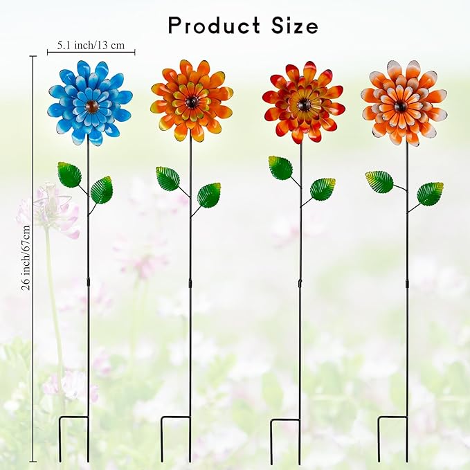 4 Pcs Wind Spinners Outdoor, Small Metal Flower Windmill, Colorful Pinwheels Decorative Garden Stakes for Yard Patio Lawn Garden Decor, 26 x 5 Inches