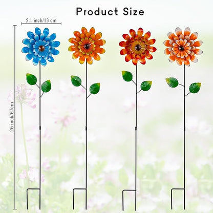 4 Pcs Wind Spinners Outdoor, Small Metal Flower Windmill, Colorful Pinwheels Decorative Garden Stakes for Yard Patio Lawn Garden Decor, 26 x 5 Inches
