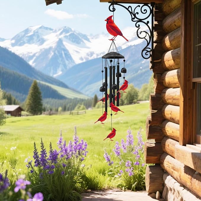 Cardinal Wind Chimes for Outside, Black Metal Windchimes Outdoors, Cardinals Gifts for Women/Men, Garden/Yard Decor, Memorial/Birthday Gifts for Grandma/Mom, Durable Chimes for Outdoors