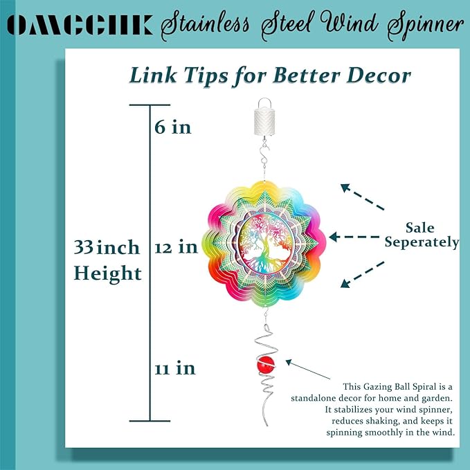 Wind Spinners Outdoor Garden Decor, 12In Stainless Steel Spinfinity Wind Spinner, Wind Chimes for Outside, 3D Kinetic Hanging Sculpture Suncatcher, Metal Yard Art Ornament, Tree of Life Decor