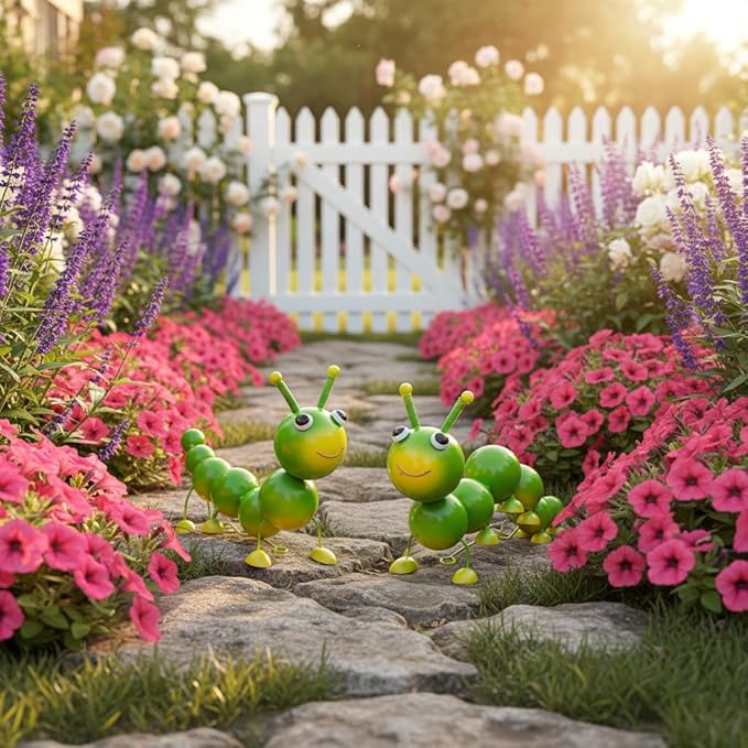 Cruis Cuka Metal Caterpillar Statue Yard Art Garden Decor for Outside Patio Lawn Ornaments Fence Decorations Gift for Family,Friends,Garden Lovers - Set of 2(Green)