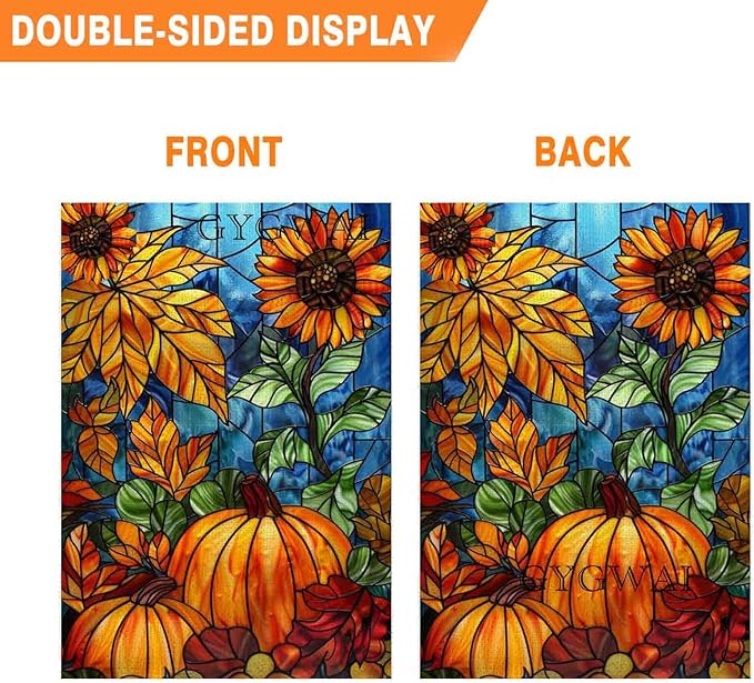 Fall Pumpkin Garden Flag for Outside 12x18 Inch Double Sided Stained Glass Burlap Autumn Thanksgiving Yard Flags for Farmhouse Rustic Holiday Decorations