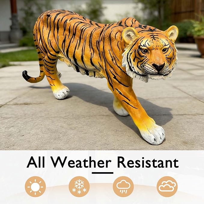 15.75" H x 33.46" L x 7.87" W Large Tiger Statue for Garden, Outdoor Sculpture, Animal Decor for Yard Porch Entryway Patio Living Room, Resin (Large, Tiger)