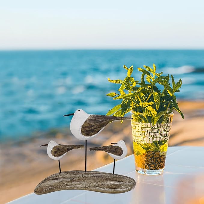 Morning View Wooden Sea Birds Decor Wood Seagull Statue Bird Figurines Seabird Statue Standing Seagulls Decorations Coastal Sculpture Nautical Beach Ocean Home Table Garden Yard Lawn Outdoor 5 Inch