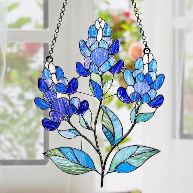 Texas Bluebonnet Acrylic Suncatcher, Boho Suncatchers for Window Hanging Ornament, Stained Glass Effect Art Garden Decor for Nature Lover, Gifts for Mother's Day, Mom, Grandma, Wife, Women, Nana