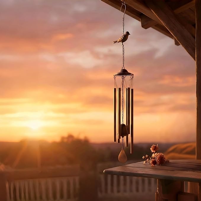 Wind Chimes for Outside – Memorial Wind Chimes for Loss of Loved One, Sympathy Gifts for Mom – Rustic Metal Garden Decor with Bird & Bell for Patio, Porch, Yard (Bronze, 29.5 Inch)