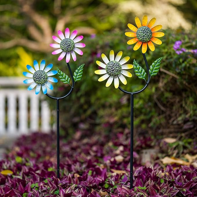 2 Pack Flower Wind Spinners Outdoor, Metal Wind Sculptures & Spinners with Stake, Colorful Windmill for Yard Patio Lawn Garden Decor, 31 x 10 Inches