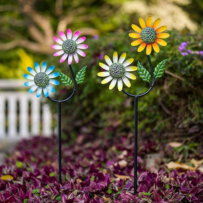 2 Pack Flower Wind Spinners Outdoor, Metal Wind Sculptures & Spinners with Stake, Colorful Windmill for Yard Patio Lawn Garden Decor, 31 x 10 Inches
