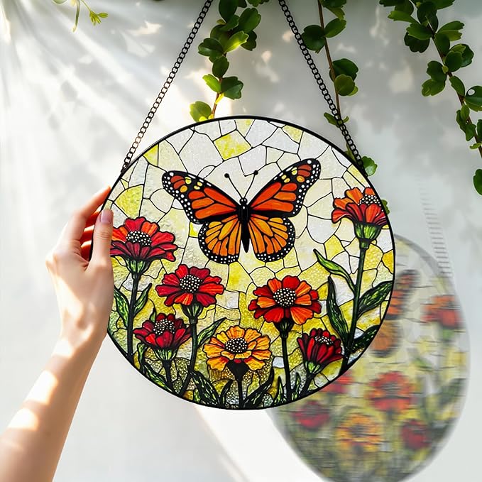 Stained Glass Window Hanging, 8 Inch Monarch Butterfly Suncatcher, Sun Catchers Indoor Window, Orange Wildflowers Suncatchers for Windows Hanging, Spring Home Garden Decor Panel Gifts for Women Mom