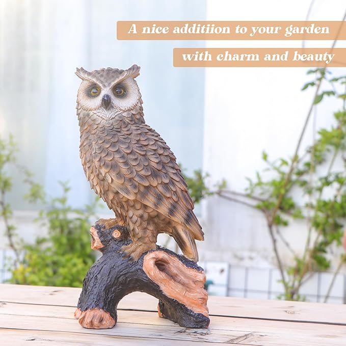 Owl Garden Statue - Perching Forest Owl on Stump Resin Figurine for Home Indoor Outdoor Garden Patio Yard Decor
