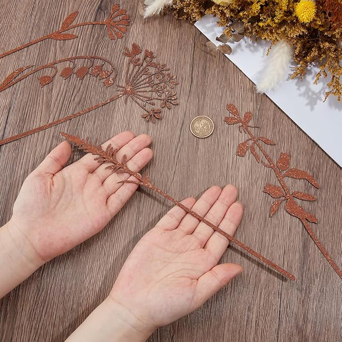 GORGECRAFT 5Pcs 5 Styles Metal Flower Garden Stakes Rusty Iron Rustic Plants Floral Leaf Shaped Art Decorative Signs Stake for Outside Lawn Yard Art Outdoor Walkway Potted Accessory