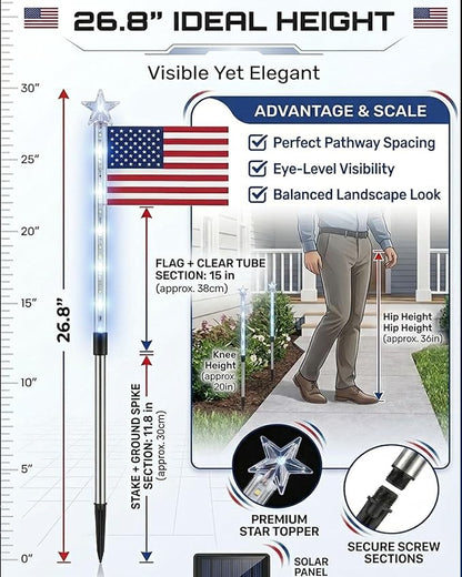 8 Piece Solar American Flag Pathway Lights, 8 Modes Waterproof Patriotic Stake Lights Outdoor for 250th Anniversary, Red White Blue LED Decorative Lighting for 4th of July Garden Yard Decor(8PCS)