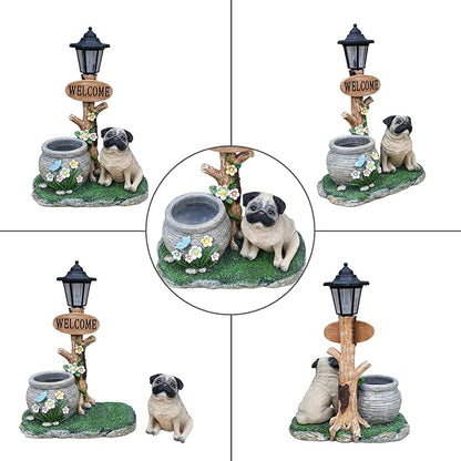 Solar Light Animal Outdoor Statue Planter with Welcome Sign, Resin Garden Sculpture Flower Pot for Patio Lawn Porch Yard Courtyard Decor, Weather-Resistant Decorative Figurine Accent (N)