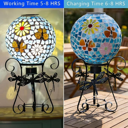 Stargarden Solar Gazing Ball, 10”Glass Gazing Globe, Mosaic Gazing Balls with Metal Ball Stand for Patio, Lawn, Garden Decor