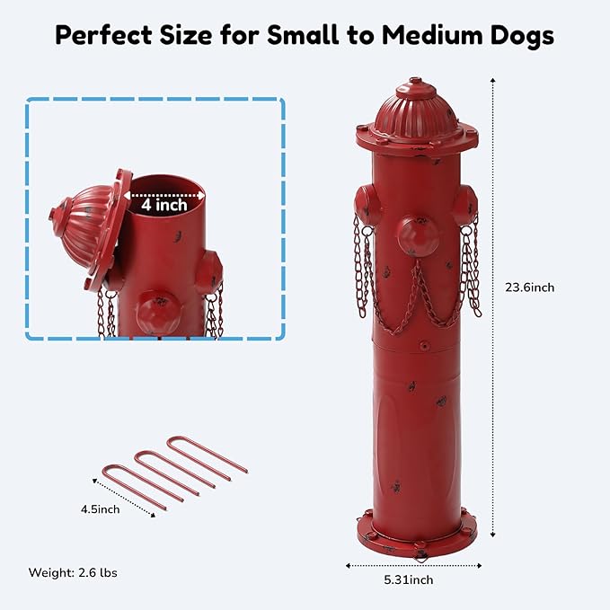 Fire Hydrant for Dogs to Pee On, 24" Metal Dog Fake Fire Hydrant Pee Post Red for Outdoor Training, Pee Pole with Ground Stakes, Fillable Base for Yard, Garden, Patio